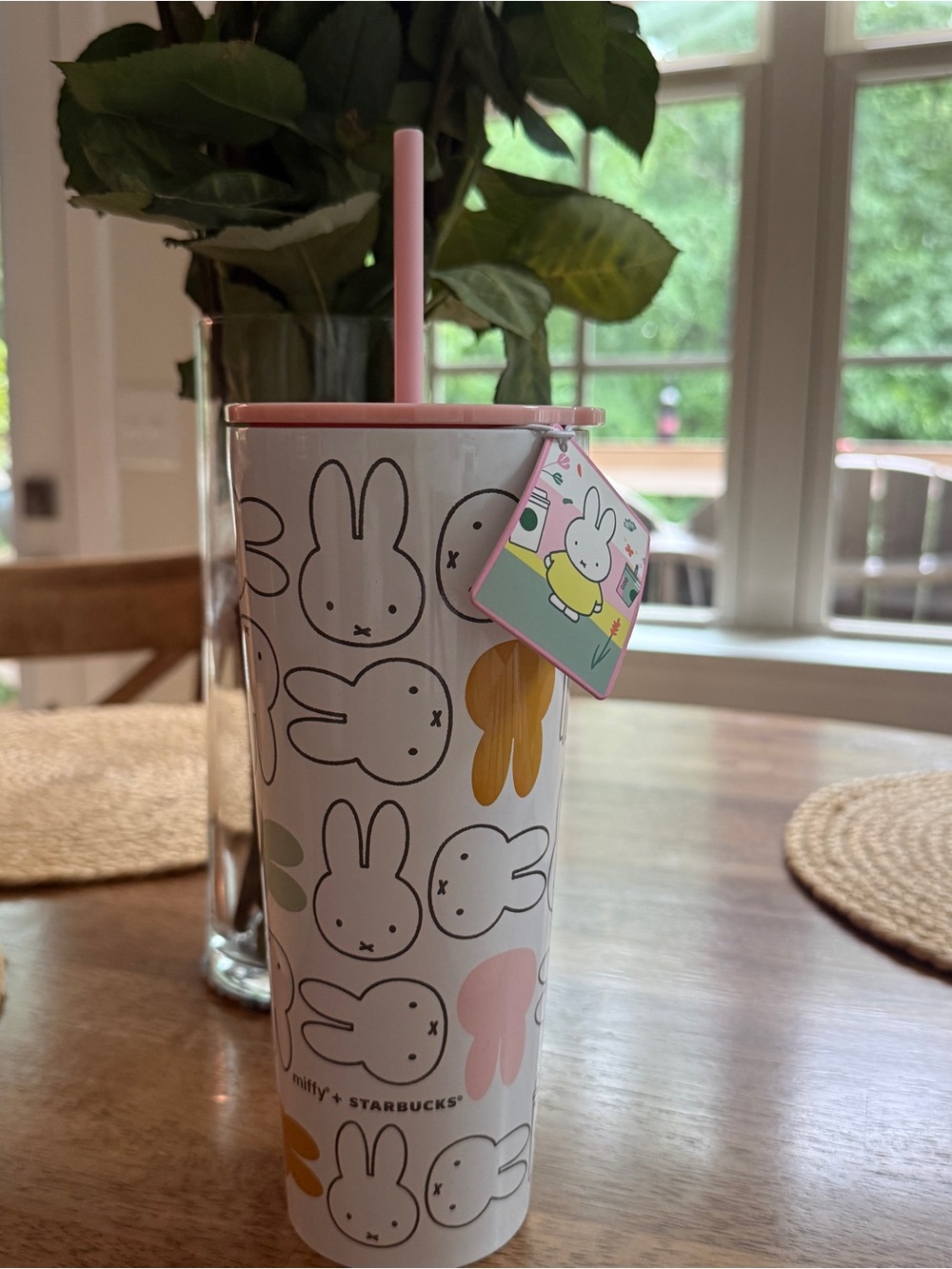 Starbucks White Tumbler with Pink Lid and Pastel Bunny Motif